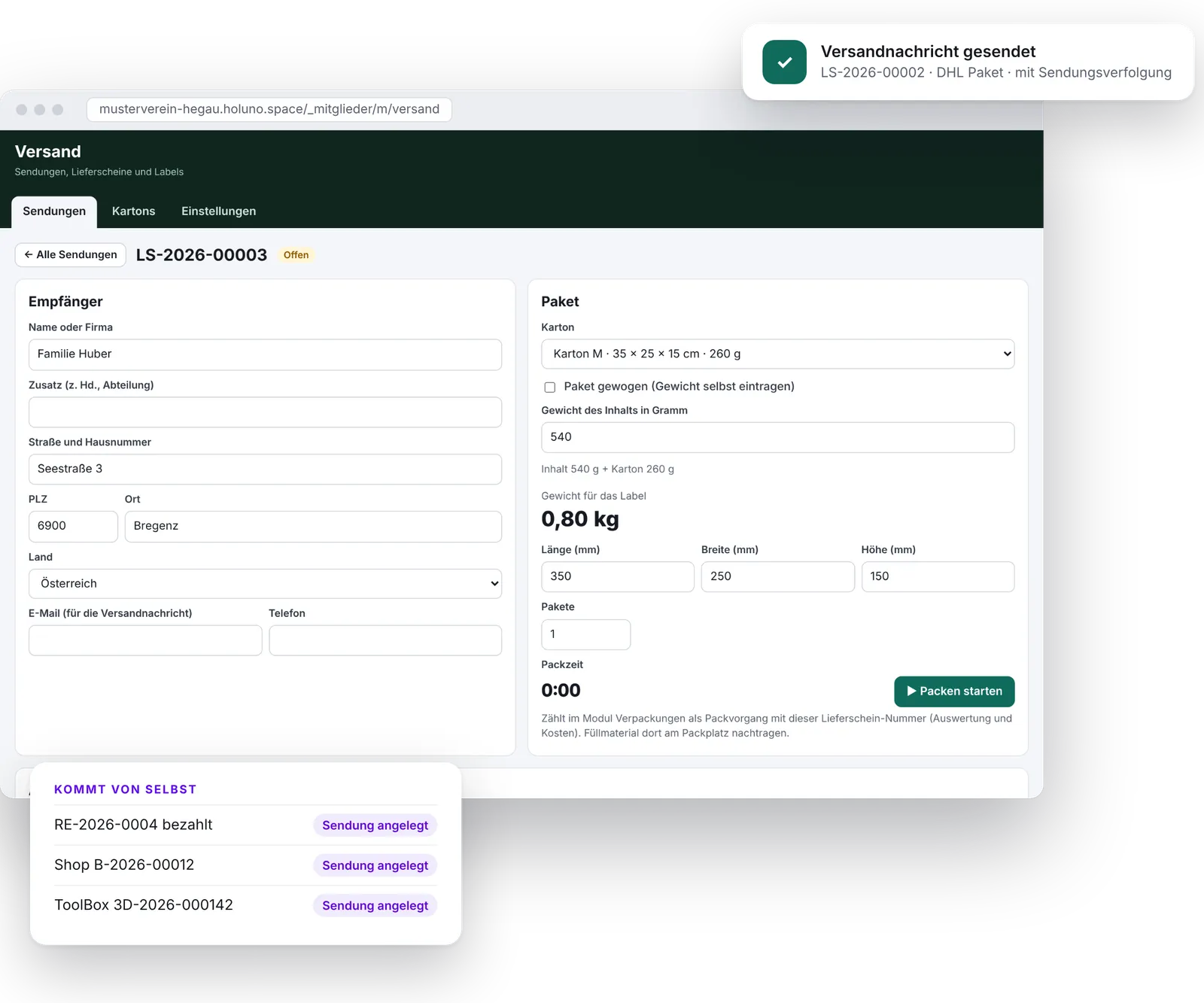 Sendung im Modul Versand mit Empfänger, Karton, Gewicht und Packzeit – HOLUNO