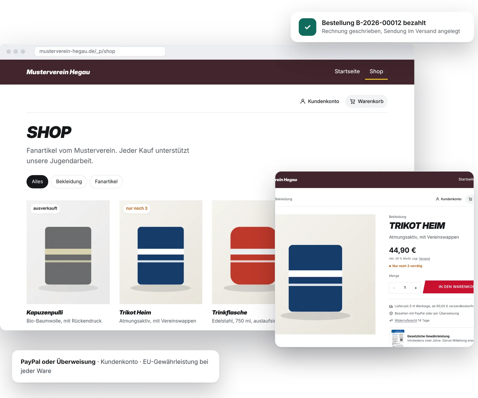 Shop auf einer Vereinswebseite mit Produkten, Kategorien und Warenkorb – HOLUNO