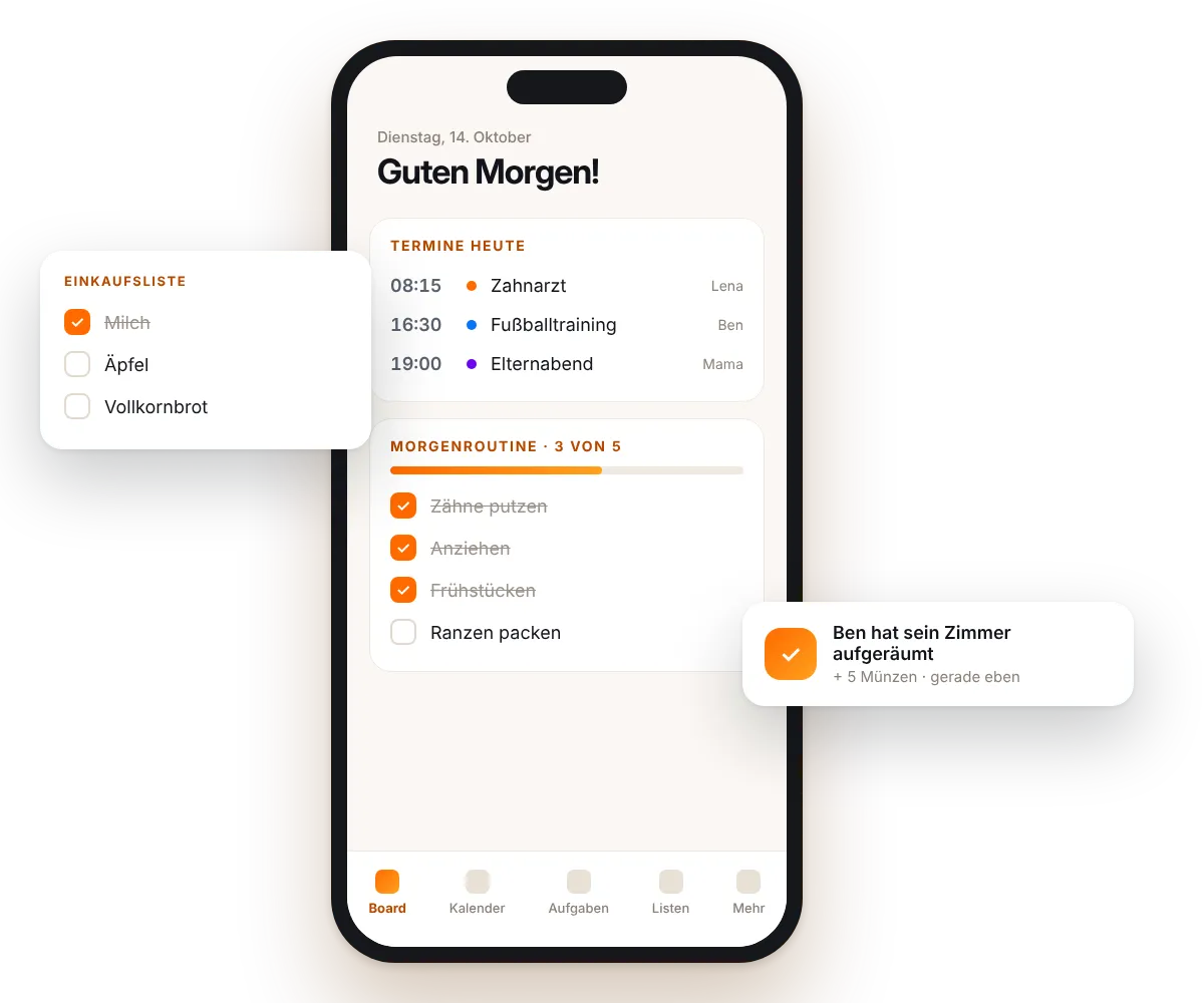 Tagesübersicht der App mit Terminen und Morgenroutine