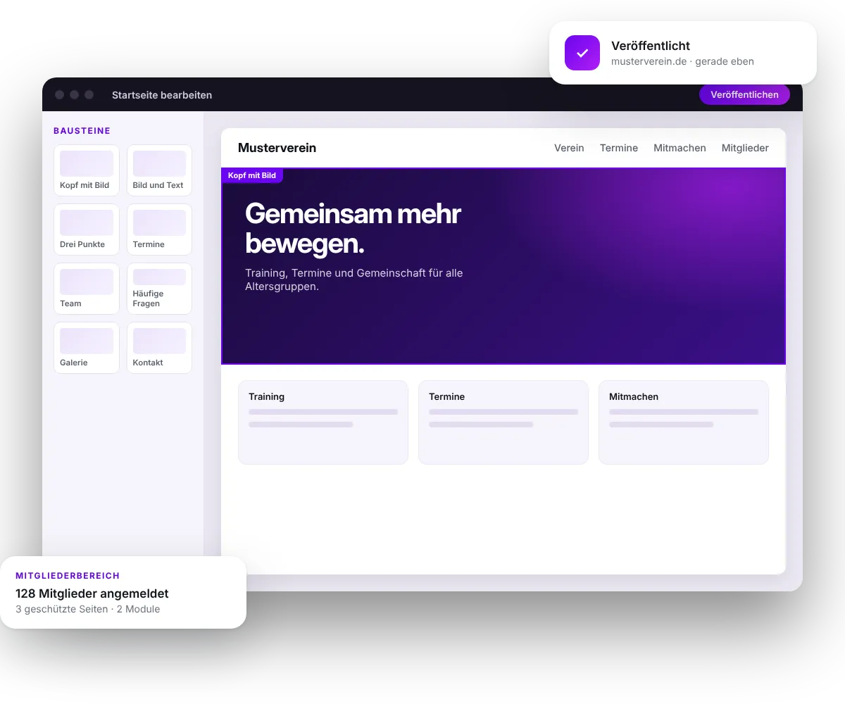 Editor von HOLUNO Space mit einer Vereinsseite